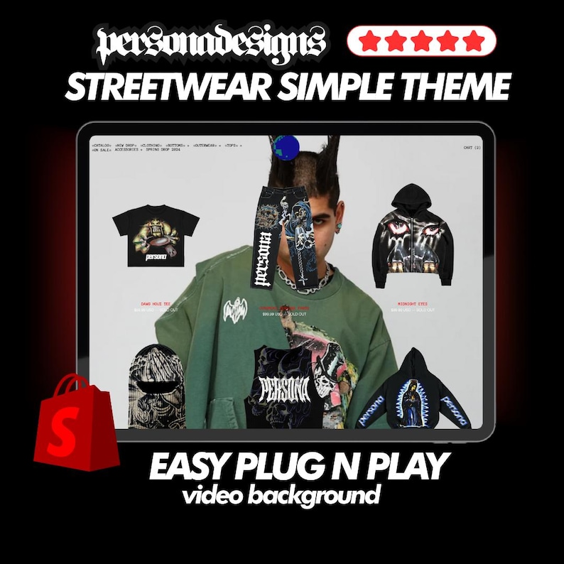 K&ouml;nnte beinhalten: Ein digitales Mockup einer Streetwear-Videohintergrundvorlage mit dem Text "STREETWEAR SIMPLE THEME" und "EASY PLUG N PLAY video background". Der Hintergrund zeigt eine Person, die ein gr&uuml;nes Sweatshirt mit verschiedenen grafischen Designs tr&auml;gt, darunter einen Sch&auml;del, eine Fledermaus und das Wort "persona".