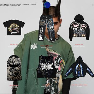 K&ouml;nnte beinhalten: Eine Sammlung von Kleidungsst&uuml;cken mit einem grafischen Design mit einem Totenkopf und dem Wort "persona". Die Artikel umfassen ein schwarzes T-Shirt, ein schwarzes Tanktop, einen schwarzen Hoodie, eine blaue Jeans und einen schwarzen Kapuzenpullover. Die Artikel befinden sich alle auf einem gr&uuml;nen Hintergrund.