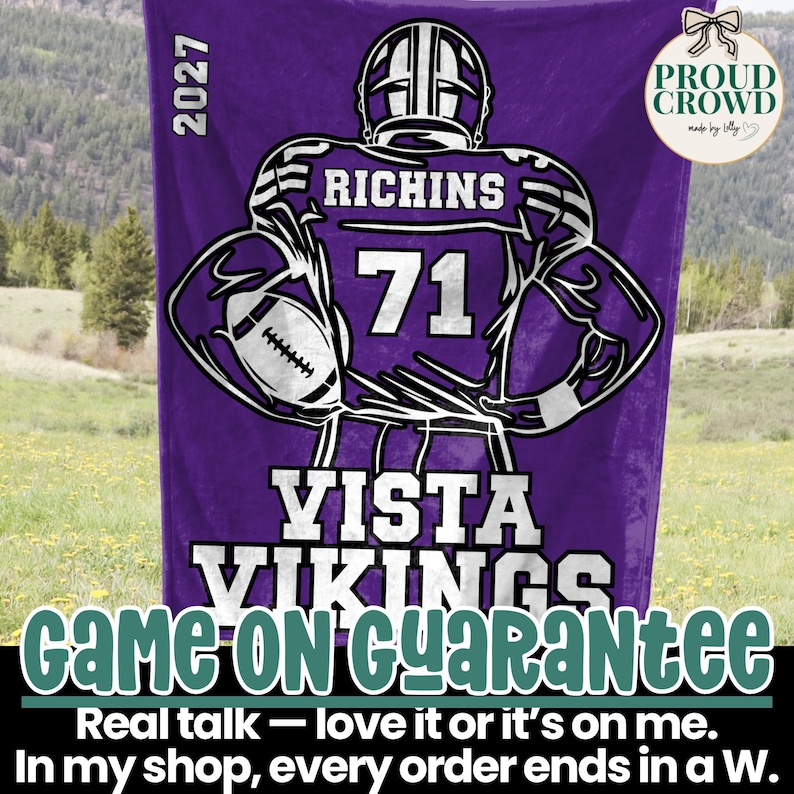 May include: A purple fleece blanket featuring a graphic of a football player in a helmet, holding a football. The design includes the text RICHINS, the number 71, the year 2027, and the team name VISTA VIKINGS in bold white lettering.