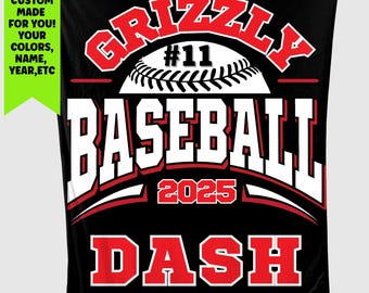 May include: Black and red baseball themed fleece blanket with the text "Grizzly Baseball #11 2025 Dash"