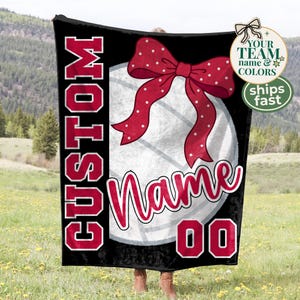 Personalized Volleyball Blanket for Girl's Team, Volleyball and Bow Throw Blanket, Customized Team Name and Colors