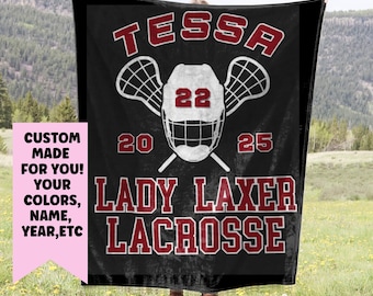Anpassad lacrossefilt, personlig lacrossepresent, seniorpresent till lacrossespelare, personligt namn på filt för flickors lacrosselag
