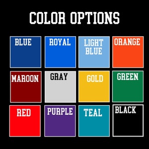 May include: A colour chart titled COLOR OPTIONS featuring twelve squares with labels: Blue, Royal, Light Blue, Orange, Maroon, Gray, Gold, Green, Red, Purple, Teal, and Black. Each square displays the corresponding colour with white or black text.