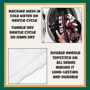 May include: A black garment with red and white graphic text reading EAGLES CHEERLEADER and the name Karlie, shown being placed into a washing machine. A close-up of white fabric shows double needle topstitching on the seams for durability.
