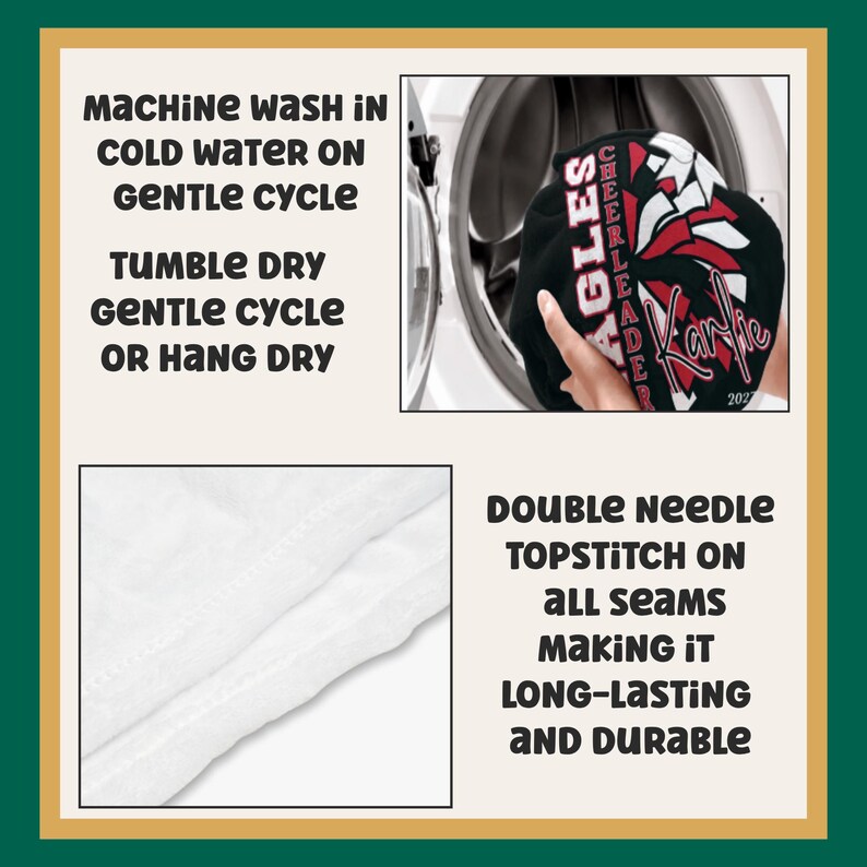 May include: A black garment with red and white graphic text reading EAGLES CHEERLEADER and the name Karlie, shown being placed into a washing machine. A close-up of white fabric shows double needle topstitching on the seams for durability.