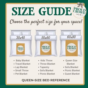 May include: A size guide chart with the text SIZE GUIDE and PROUD CROWD. It displays three white beds with blankets in sizes 30x40, 50x60, and 60x80. Lists include Baby, Travel, Lap, Small, Pet, Kids, Throw, Tapestry, Sofa, Picnic, Queen, and Guest blankets.