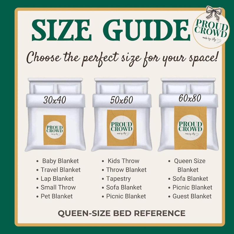 May include: A size guide chart with the text SIZE GUIDE and PROUD CROWD. It displays three white beds with blankets in sizes 30x40, 50x60, and 60x80. Lists include Baby, Travel, Lap, Small, Pet, Kids, Throw, Tapestry, Sofa, Picnic, Queen, and Guest blankets.
