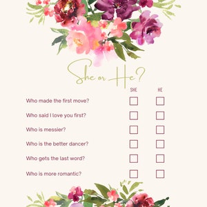 Bridal Shower She or He  Game Digital Download