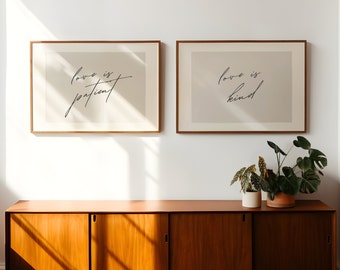 Liefde is geduldig, liefde is vriendelijk schriftmuurkunst set van 2 | Minimalistische bijbelversafdrukken | 1 Korintiërs 13 Christelijke woondecoraties