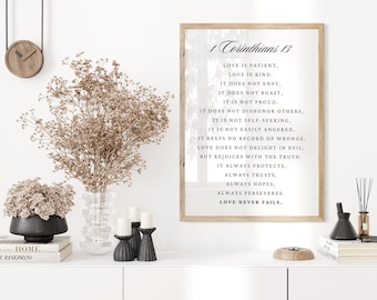 1 Korintiërs 13, liefde is geduldig, liefde is vriendelijk, liefde faalt nooit, afdrukbare kunst, christelijke geschenken