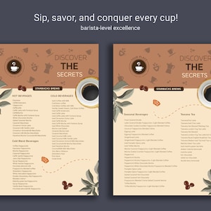 May include: A brown and beige menu with the text "Discover the Secrets" and a list of coffee and tea drinks. The menu is decorated with coffee beans and coffee cups.