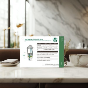 May include: A recipe card for Iced Matcha Green Tea Latte with instructions and ingredients listed. The card shows a shaker with the ingredients inside and a finished drink in a cup.