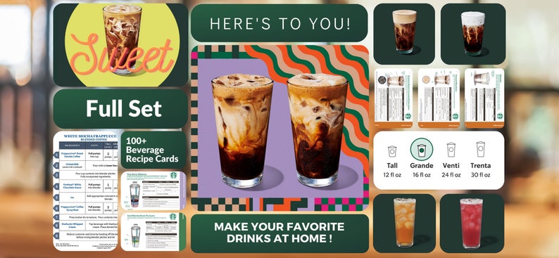 May include: A set of 100+ beverage recipe cards with a green and white design. The cards feature a variety of coffee drinks, including iced coffee, lattes, and macchiatos. The text on the cards reads "Full Set" and "100+ Beverage Recipe Cards". The image also includes a collage of photos of coffee drinks, including iced coffee, lattes, and macchiatos. The text on the collage reads "Here's to you!" and "Make your favorite drinks at home!"