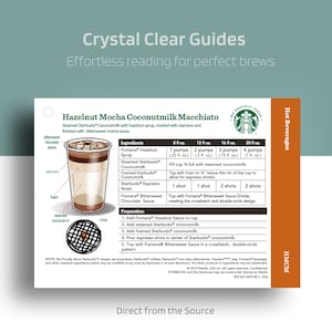 May include: A guide for making a Hazelnut Mocha Coconutmilk Macchiato with Starbucks&reg; coffee, Fontana&reg; Hazelnut Syrup, and Fontana&reg; Bittersweet Chocolate Sauce. The guide includes ingredients, preparation steps, and serving sizes for 8, 12, 16, and 20 fluid ounces.