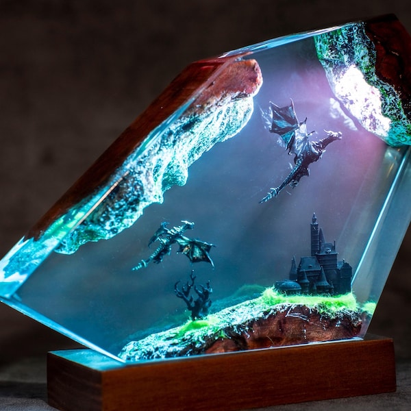 Lampada in resina a forma di drago con quarta ala - Regali aziendali di lusso Legend Diorama, regalo fatto a mano con drago di fuoco e ghiaccio, idee regalo per la festa della mamma