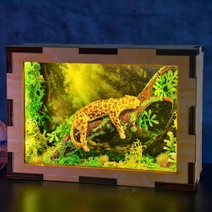 Jungle Leopard Night Light – Handmade 3D Forest Shadow Box Lamp, Wildlife Decor, Relaxing Animal Lamp Gift,  summer light, gift for dad