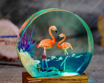 Flamingo Resin Night Light, Tropical Couple Epoxy Lamp, Coastal Beach Desk Decor, Round Resin Lamp, Gift for Flamingo Lover