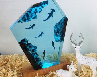 Unique Hammerhead Shark and Diver Resin Lamp | Custom Epoxy Resin Wood Lamp | Rustic Home Decor Lamp | Subnautica Gifts for him and couple