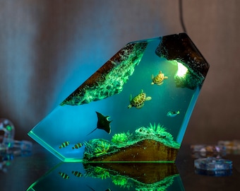 Sea Turtles & manta ray Epoxy Resin Night Light - Sea Creatures, Coral Beauty, Marine Life Glow; Unique Gift for Ocean Lovers