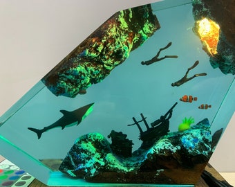 Tijgerhaai en duiker harslamp, witte haai en kwallen epoxyhars nachtverlichting voor woondecoratie, uniek cadeau voor koppel, cadeau voor papa