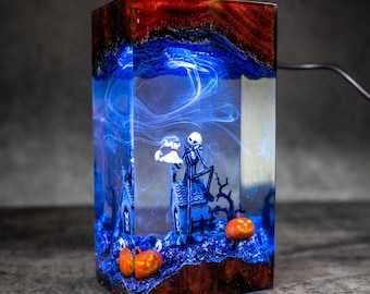 Skeleton Night Light, Halloween Pumpkin Resin Lamp, Spooky Gothic Room Decor, Unique Horror Movie Lover Gift