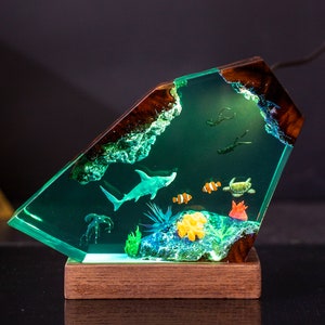 Hammerhead Shark and octopus resin Lamp- Custom Epoxy Resin Wood Lamp, Sea Creatures, Coral Beauty, Unique Gift for Ocean Lovers