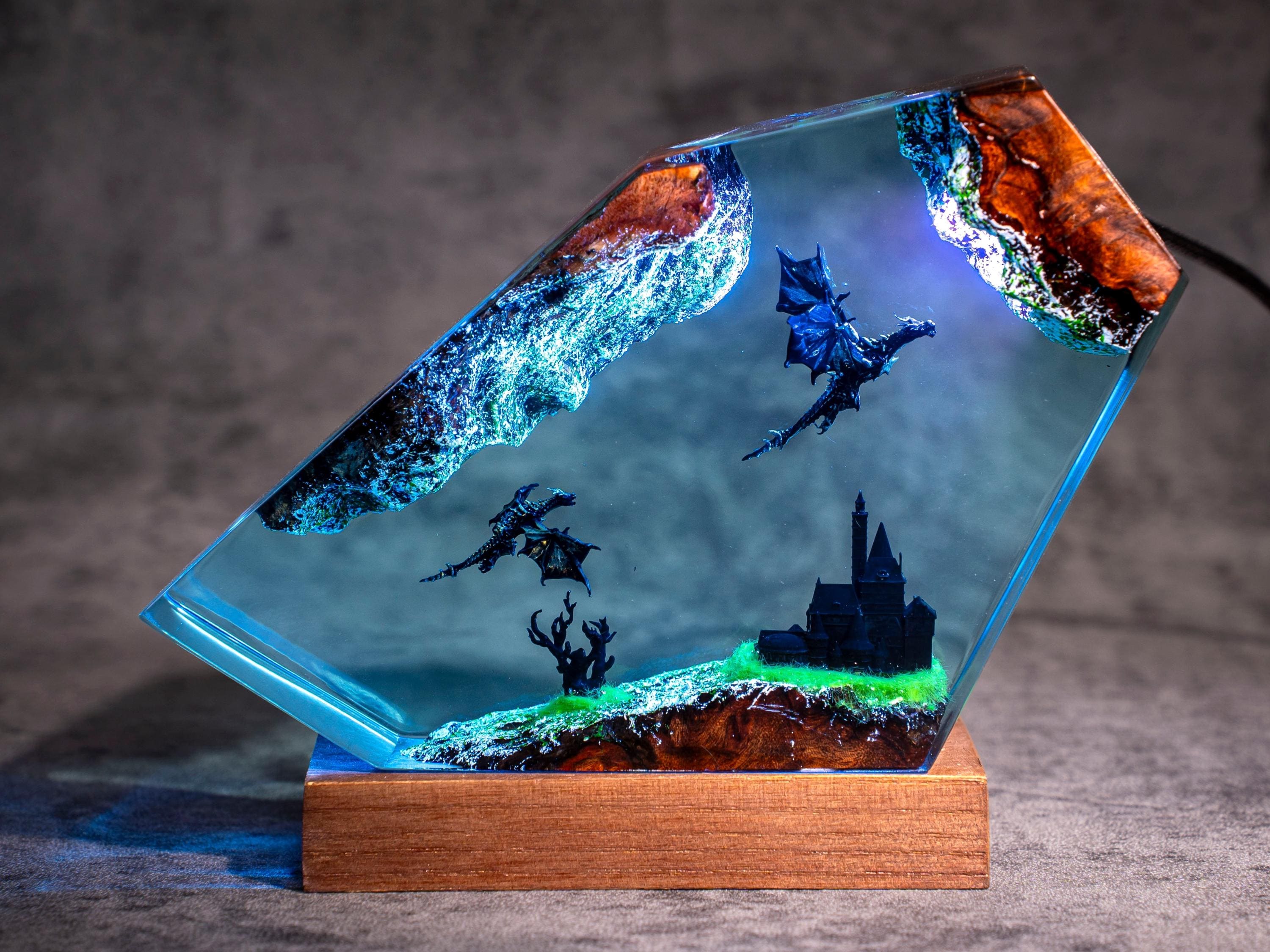 Dragon Resin Wood Night Light, Ice & Fire Dragon Lamp- Gift for Him, birthday gift, unique lamp, epoxy resin lamp, custom night light