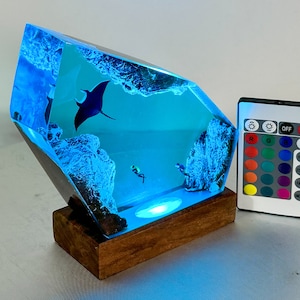 Manta Ray Mystique Epoxy Resin Lamp, Ocean Resin Lamp, Wood Resin Lamp, Gift for Couple, Gift for Him, Home decor unique gift, Gift for Dad
