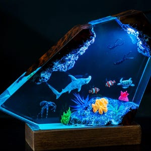 Hammerhead Shark and octopus resin Lamp- Custom Epoxy Resin Wood Lamp, Sea Creatures, Coral Beauty, Unique Gift for Ocean Lovers