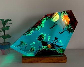 Octopus and Diver Resin Night Lights, Turtles Resin Lamp for home decor, Wreck Miniature,  Pirate ship, Unique Epoxy Lamp Gift for Couple