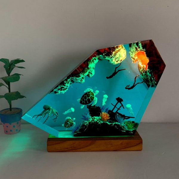 Octopus and Diver Resin Night Lights, Turtles Resin Lamp for home decor, Wreck Miniature,  Pirate ship, Unique Epoxy Lamp Gift for Couple