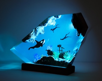 Orca Shark and Couple Diver Resin Night Lights - Whale Shark and Humpback whale Resinlamp, Ocean Lamp, Handcrafted Home Decor, gift for home