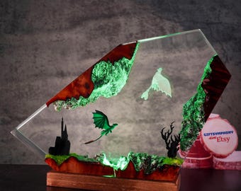 Flying Dragon Resin Night Light, Mythical Dragon Epoxy Lamp, Fantasy Castle Diorama, Unique Gamer Gift