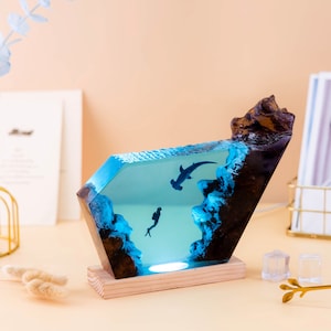 Hammerhead Shark and Diver Resin Night Light | Custom Epoxy Resin Wood Rustic | Furniture and Decor | Unique Gifts for Kids - Gifts for Him