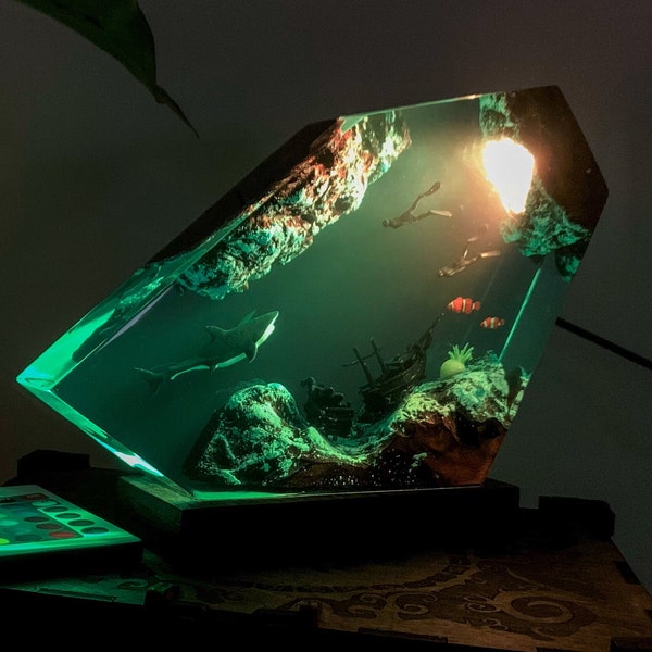 Tiger Shark and Diver Resin Lamp, White Shark and Jellyfish Epoxy Resin Night Lights for Home Decor, Unique Gift for Couple, Gift for Dad