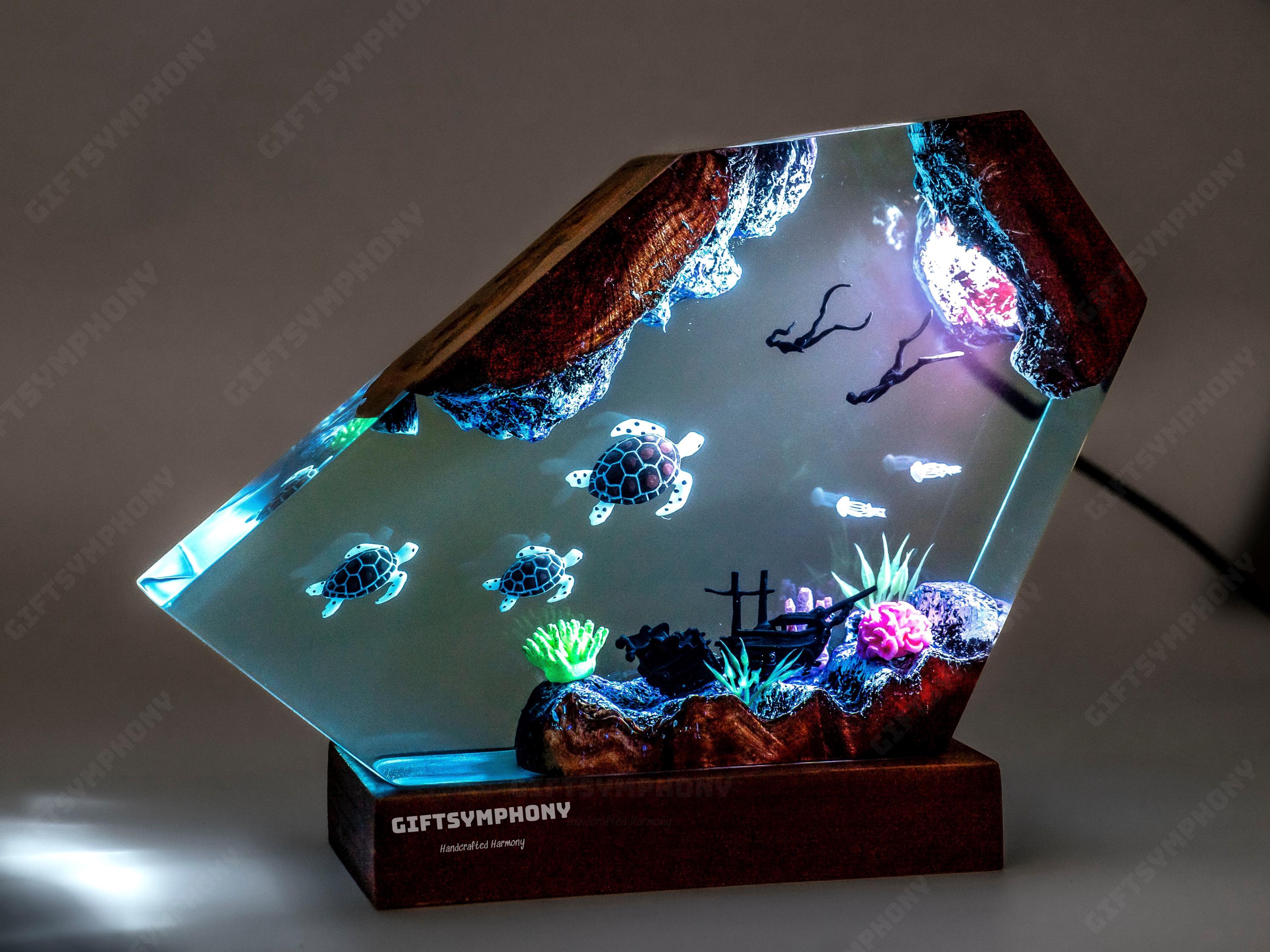 Jellyfish lamp, Divers and Turtles Resin lamp - Unique Gift for him, Wood Resin Art, birthdays Gift, home decor, Gift for mom
