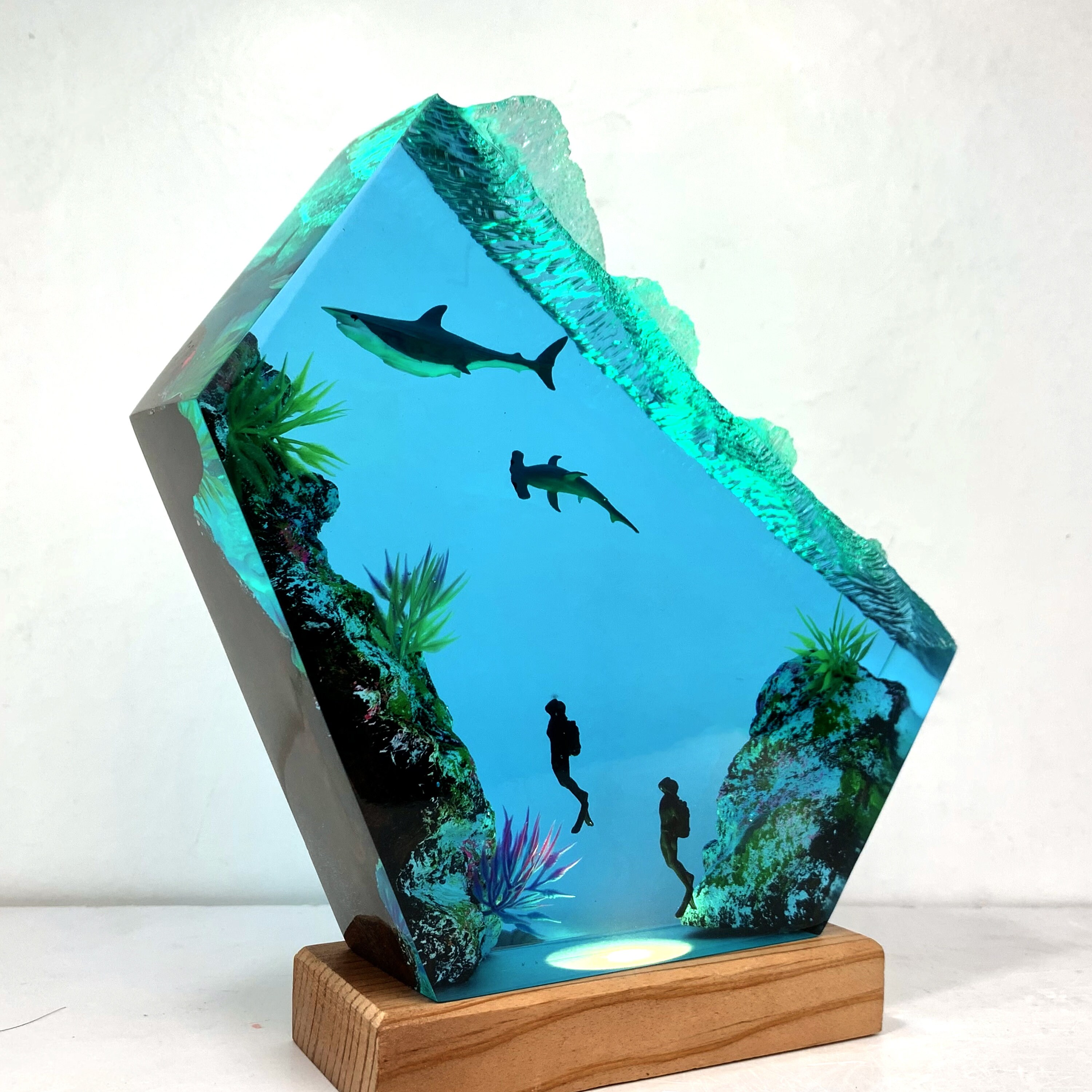 Unique Hammerhead Shark and Diver Resin Lamp | Custom Epoxy Resin Wood Lamp, Rustic Home Decor Lamp, Gifts for couple, Gifts for Him and her