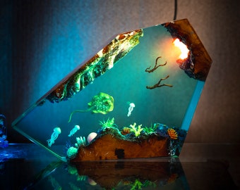 Stingray and Diver Epoxy Resin Night Light - Sea Creatures, Coral Beauty, friendship day, deep ocean decor, home decoration