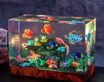 Coral Reef Resin Night Light, Sea Turtle & Clownfish Aquarium Lamp, Marine Ecosystem Diorama, Gift for Mom