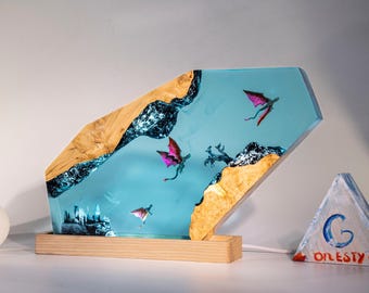 Dragon Resin Night Light: Handcrafted Wood Lamp, Handmade Fire and Ice Dragon Gift, mother's day gift ideas