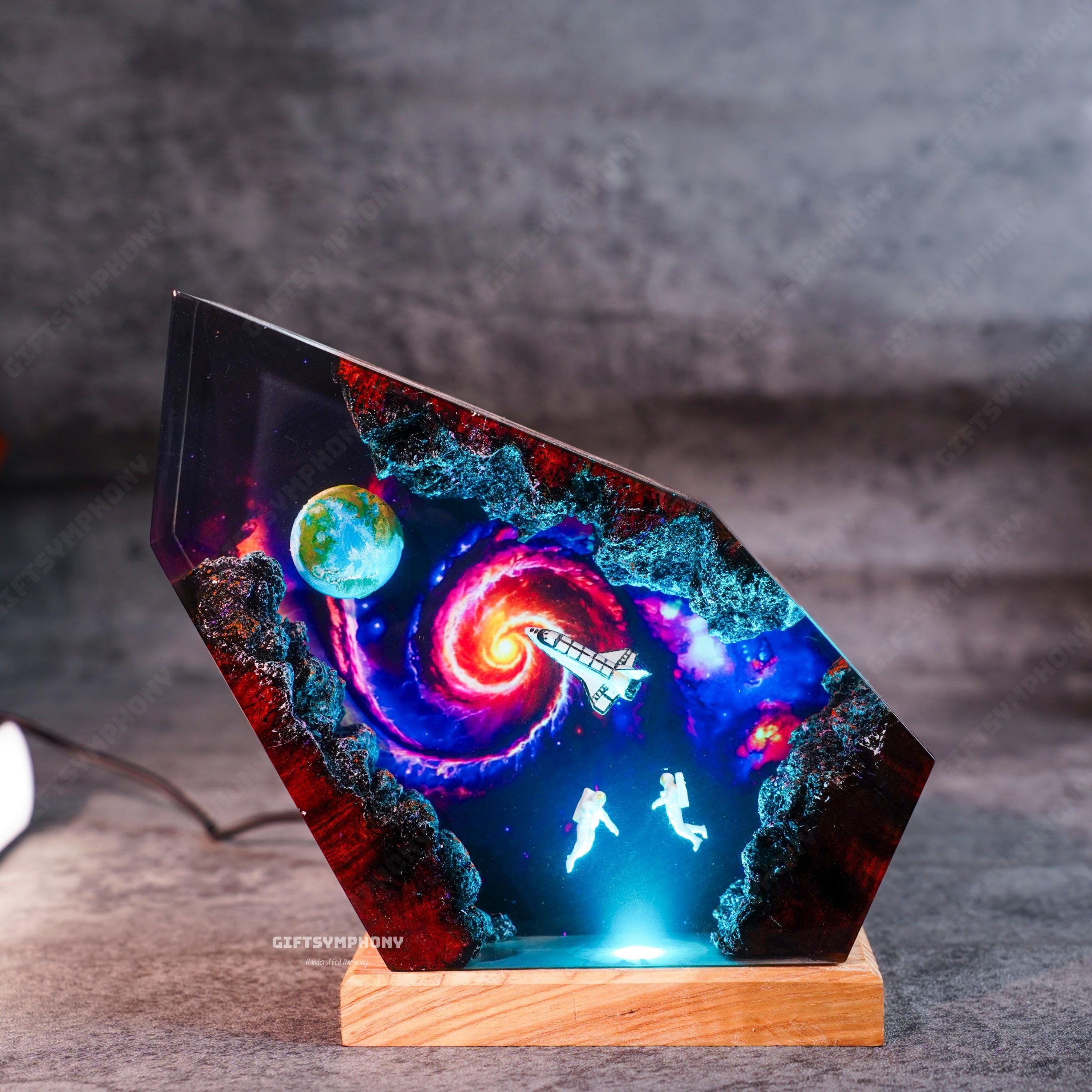 Diorama Space epoxy wood lamp, Universe Lamp resin lamp, Galaxy Night Light, Astronaut Rocket Resin Lamp, Handmade Cosmic Space Lamp Decor