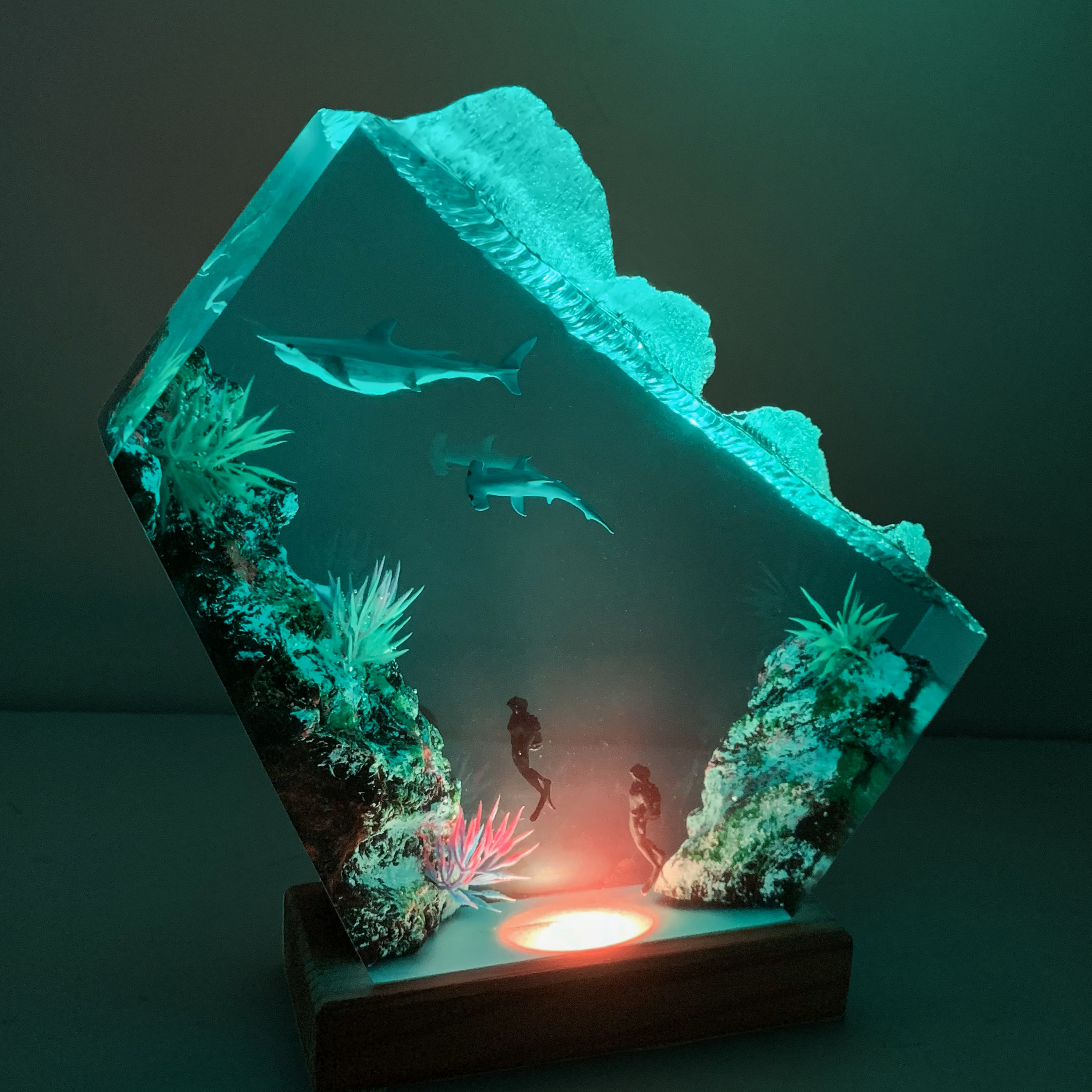 Unique Hammerhead Shark and Diver Resin Lamp | Custom Epoxy Resin Wood Lamp, Rustic Home Decor Lamp, Gifts for couple, Gifts for Him and her