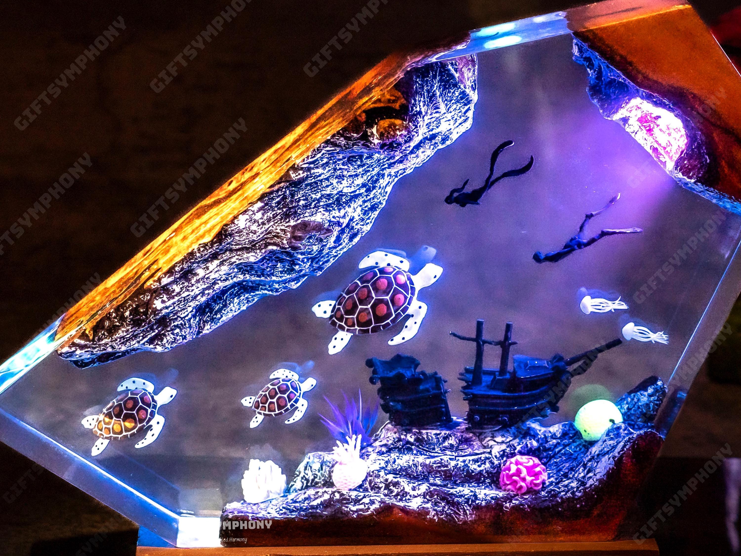 Jellyfish lamp, Divers and Turtles Resin lamp - Unique Gift for him, Wood Resin Art, birthdays Gift, home decor, Gift for mom