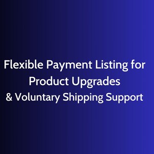 May include: Text on a blue gradient background reads "Flexible Payment Listing for Product Upgrades & Voluntary Shipping Support."