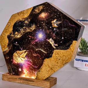 Galactic Journey Resin Lamp – Handmade Space Diorama Light with Cruiser & Fighter, Cosmic Sci-Fi Decor Gift, Interstellar resin lamp