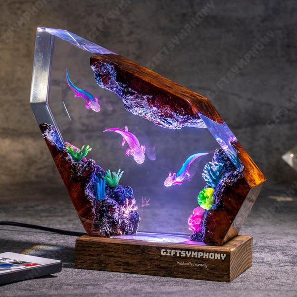 Axolotl Resin Night Light: Mexican Salamander Lamp, turtles epoxy lamp, otter couple resin lamp. gift for mom