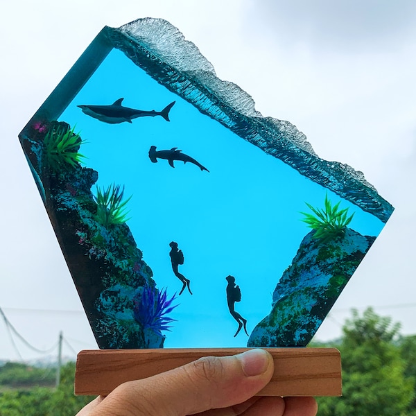 Unique Hammerhead Shark and Diver Resin Lamp | Custom Epoxy Resin Wood Lamp, Rustic Home Decor Lamp, Gifts for couple, Gifts for Him and her