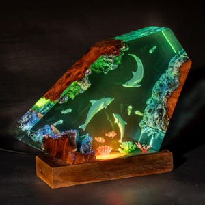 Dolphins Resin Night light - Unique Gift for Couple, ocean lamp for bedroom, gift for mom, Back to school gift, Ocean Themed Resin Lamp