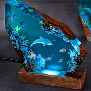 Dolphin Ocean Resin Lamp, blue tang resin night light, Sea Creatures, Unique Gift for Couple, Gift for her, Ocean Themed Resin Lamp