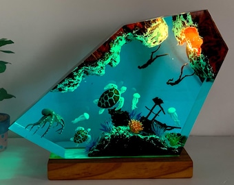 Octopus and Diver Epoxy Resin lamp, Turtle resin Lamp, unique ocean lamp for kids, home decor for kids, summer light